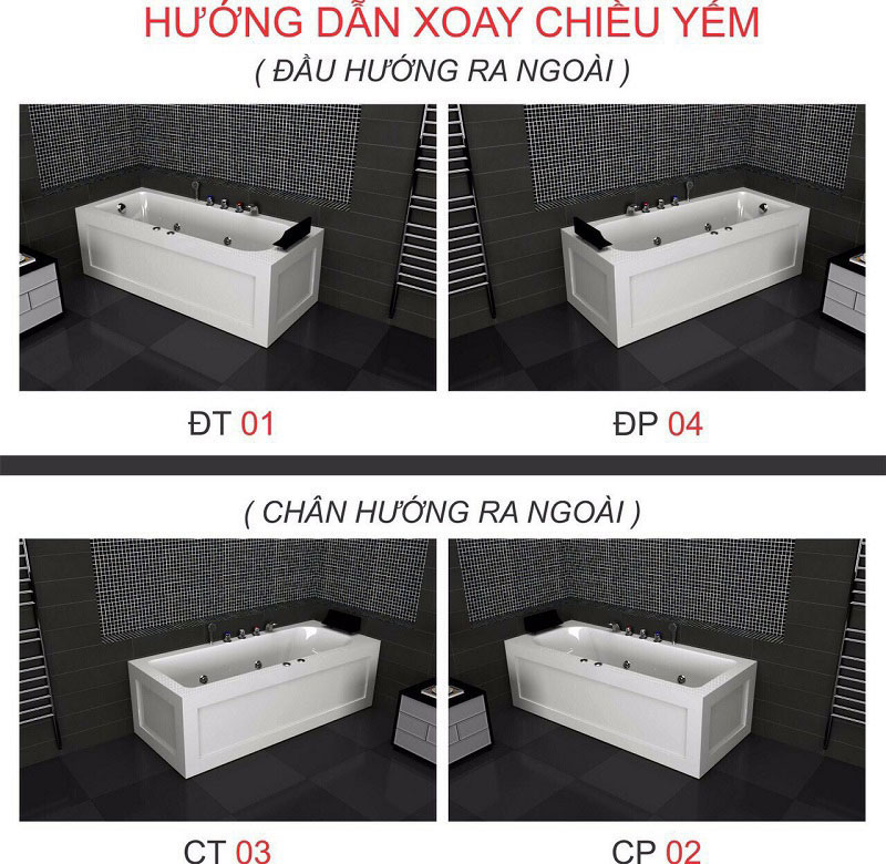 Hướng xoay chiều yếm của bồn tắm nằm massage và chân yếm Việt Mỹ 17TL